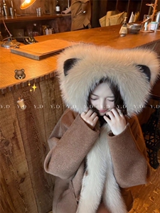 【依嘟】甜美可爱宽松时尚羊毛外套(配可拆卸真狐狸毛毛领)（含图片