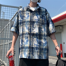 2025美式扎染印花冰丝凉感短袖五分袖格子衬衫CS1866/特P25蓝3，男装T恤，电商A094