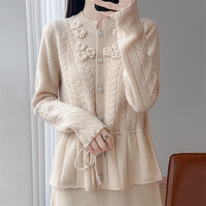法式立体花朵100%纯羊毛开衫女圆领系绳绞花收腰针织外套显瘦上衣图片