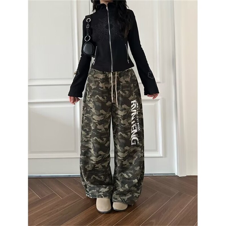 美式复古高街纯棉迷彩阔腿裤男设计感宽松直筒vibe休闲长裤,男装休闲裤,星座410-7