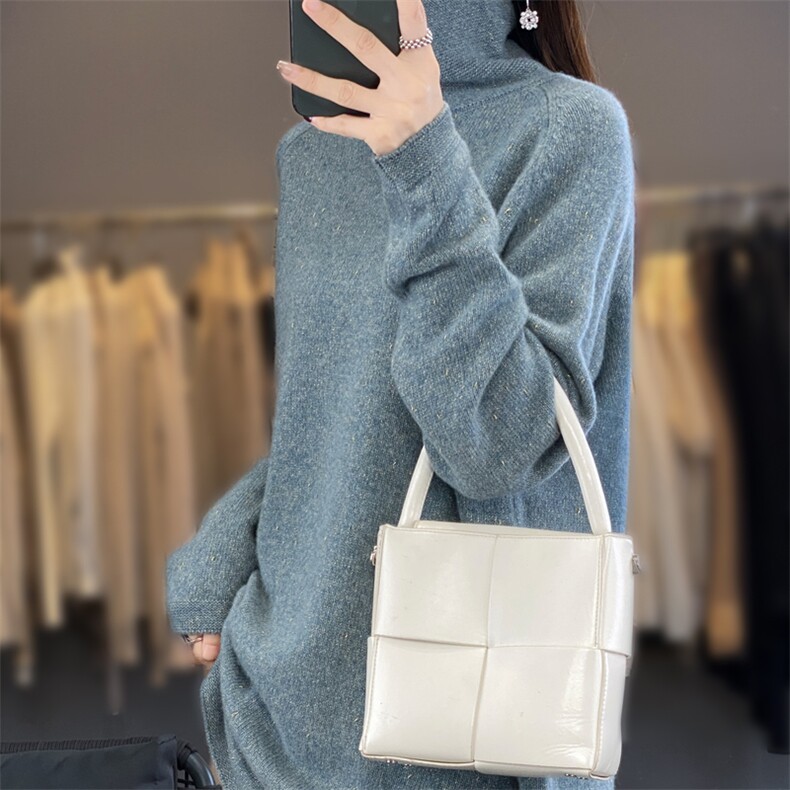 高领100%纯羊毛衫女中长款亮丝针织毛衣秋冬宽松慵懒风打底羊绒衫,女装羊毛衫,迅太羊绒