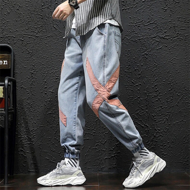 2021春季新日系大码男美式休闲交叉束脚拼接九分牛仔裤N8017-P55,男装牛仔裤,电商A001