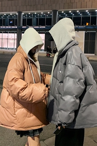 冬季假两件连帽外套情侣PU皮加厚棉衣棉服 A071-Y266-P125图片