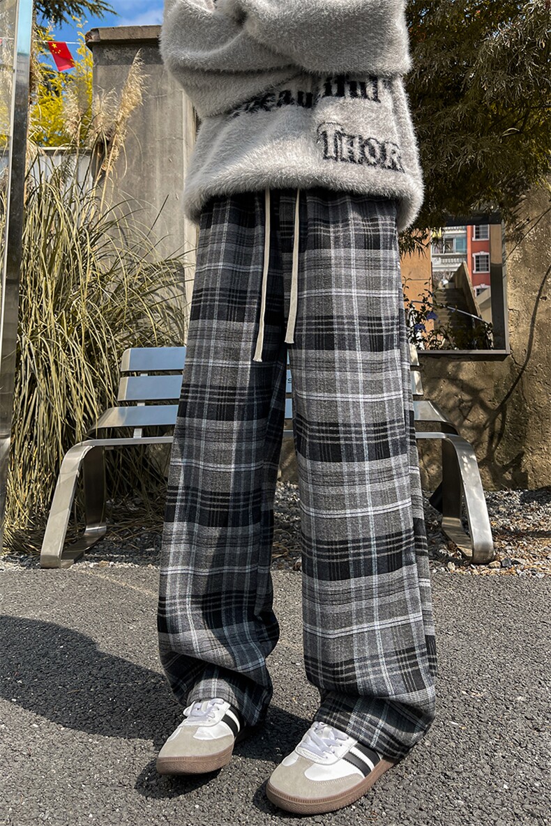 8XL-M毛呢复古格子裤宽松休闲加绒慵懒风直筒阔腿裤K9118P60控78,男装休闲裤,电商D206-1