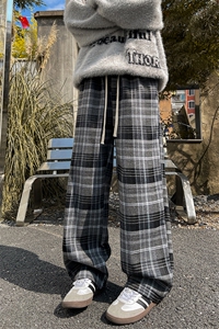 8XL-M 毛呢复古格子裤宽松休闲加绒慵懒风直筒阔腿裤K9118P60控78图片
