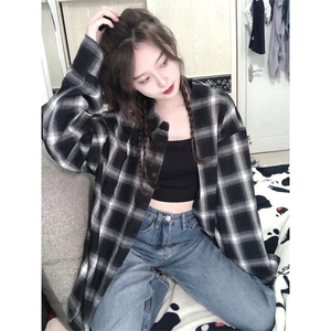 TC523-P45新款中长款格子衬衫夏季慵懒宽松衬衣外搭长袖上衣,女装衬衫,星座617A-2