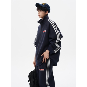 8XL-M条纹撞色开衫新年红卫衣运动套装潮牌运动服校园风TZ114P118图片