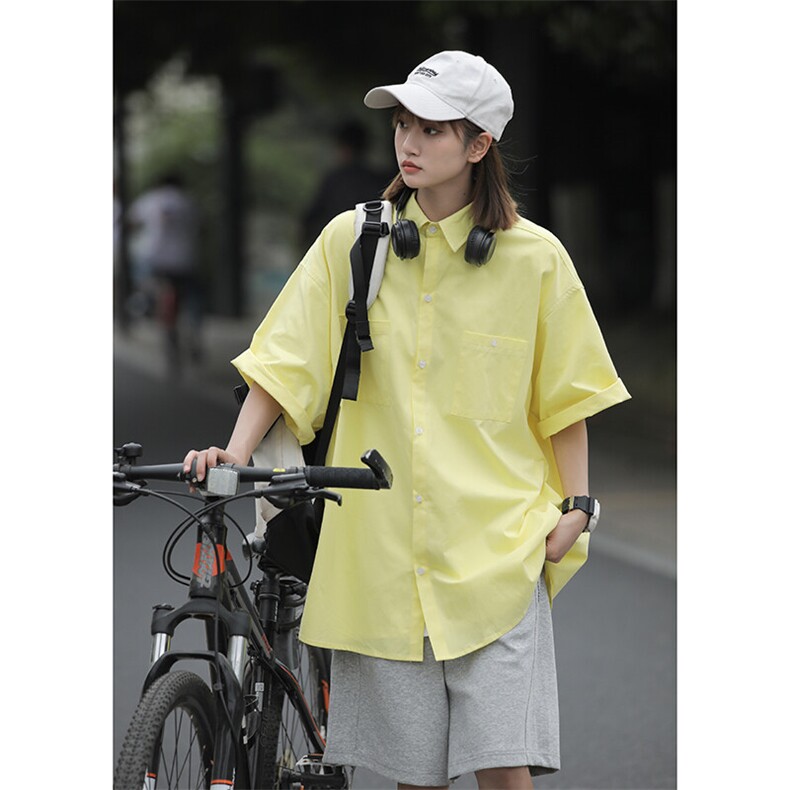 工装衬衫女夏设计高级感日系cityboy慵懒风衬衣短袖外套7002-P45，女装衬衫，星座710