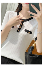 夏季小香风拼色冰丝针织短袖女圆领纽扣半袖T恤打底宽松假兜上衣，女装T恤，九嘉羊绒