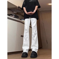 白色潮牌复古破洞修身微喇牛仔裤男cleanfit美式高街裤子夏天薄款，男装牛仔裤，星座715-7