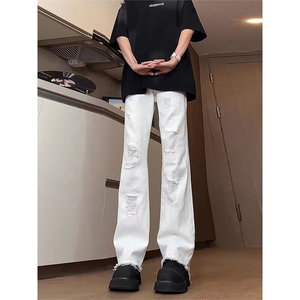 白色潮牌复古破洞修身微喇牛仔裤男cleanfit美式高街裤子夏天薄款图片
