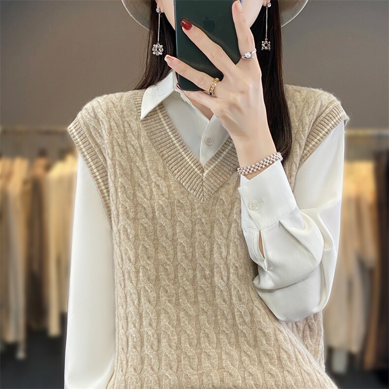 2023秋冬款V领麻花衫女无袖叠穿加厚宽松打底衫马甲上,女装马甲,蒙莲贝斯