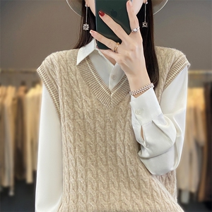 2023秋冬款V领麻花衫女无袖叠穿加厚宽松打底衫马甲上图片