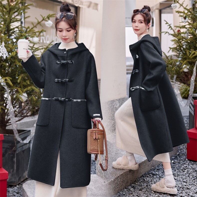 2023新款宽松时尚显瘦手工双面羊毛大衣过膝版中长款高端拼色连帽，女装双面呢大衣，韩蜜菓