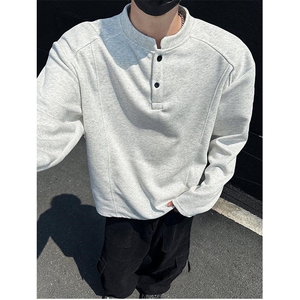 抖音得物品质美式高街重磅曼巴棉拼接cleanfit亨利领卫衣长袖T恤图片
