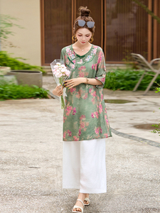 新中式国风印花棉麻套装女2025夏季新款时尚减龄休闲阔腿裤两件套图片