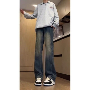 拼接复古牛仔裤男美式痞帅高级感加长高个子弯刀微喇裤L8044-P48图片