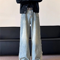 小众设计款裤脚开衩拼接牛仔裤男美式高街宽松直筒微喇裤子，男装牛仔裤，星座302B