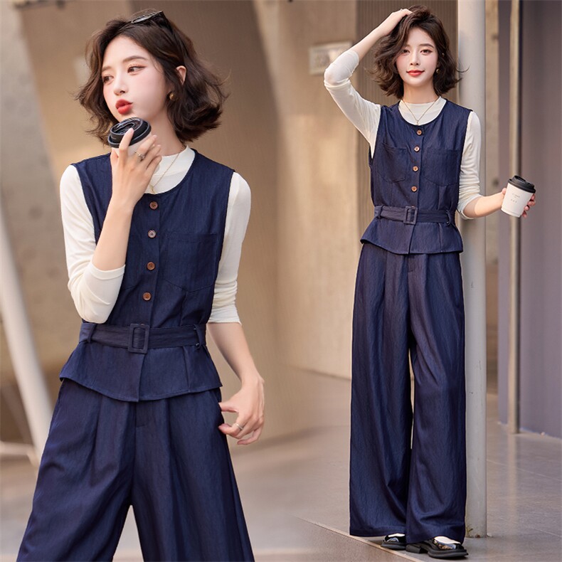 休闲时尚马甲牛仔套装女2025早秋新款气质长袖打底衫阔腿裤三件套，女装套装/套裙，众宇琦