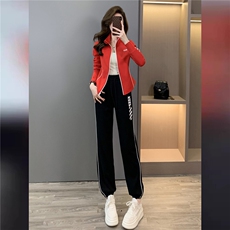 高端韩版时尚气质套装女秋新款拉链开衫红色立领上束脚长裤两件套，女装套装/套裙，2C310