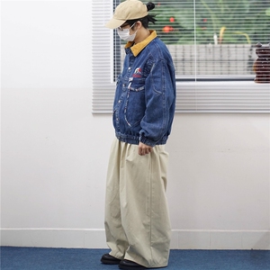 美式复古拼接刺绣大口袋牛仔外套男女宽松撞色翻领夹克百搭情侣图片