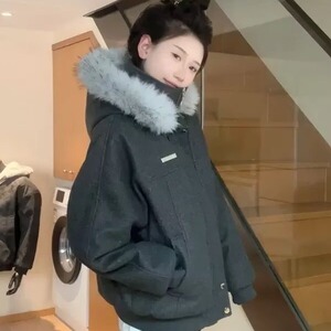 2025秋冬季棉袄加厚情侣连帽棉衣棉服男麂皮毛领夹棉座山雕外套女
