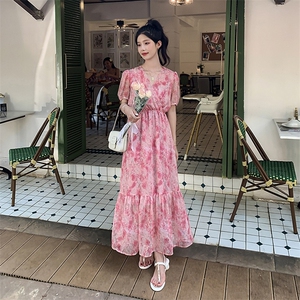 【现货】主推度假风印花长裙夏新款雪纺V领短袖长款裙子女图片