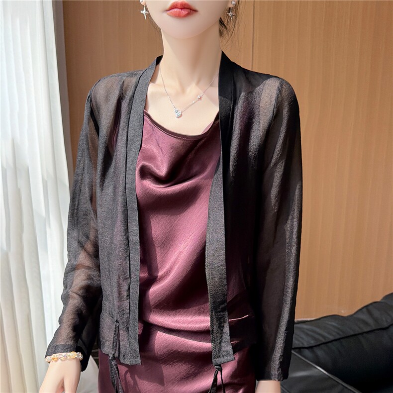 人丝抽绳开衫长袖2026年夏季宽松型女,女装蕾丝衫/雪纺衫,圣丽羊绒