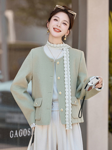 小香风蕾丝拼接短款毛呢外套女2025秋冬新款气质显瘦双面羊毛大衣图片