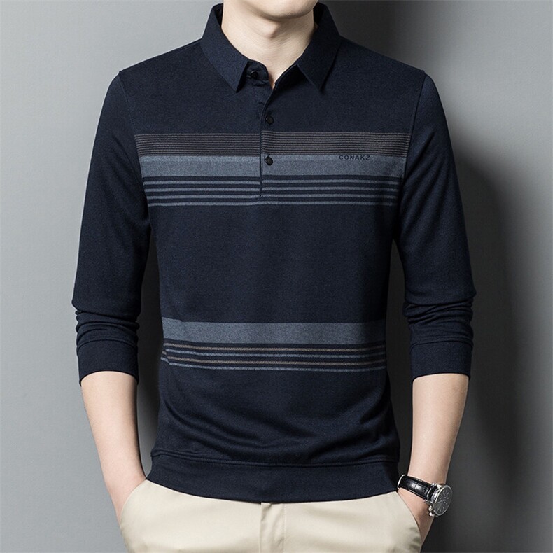 春秋季男条纹翻领上衣休闲POLO衫长袖爸爸装商务上衣男装，男装Polo衫，钱塘6003（原4033）