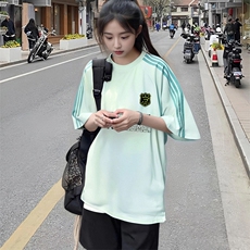 抖音得物品质二开240克宽松纯棉美式潮牌印花三条杠中性风短袖T恤，男装T恤，电商A486-1