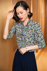 时尚优雅小碎花真丝衬衫修身显瘦长袖上衣适合春季穿着，女装衬衫，宋氏羊绒