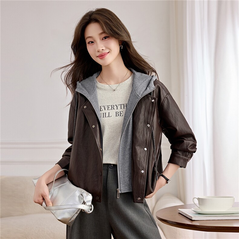 B款海宁皮衣女款B款2026年新款洋气休闲宽松春秋连帽皮夹克外套,女装皮衣,潮流依族