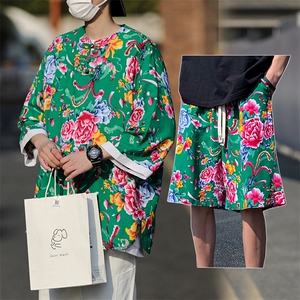 TZHT02男士宽松七分袖半袖东北大花透气凉爽短裤大码套装男女团队图片