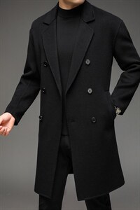 毛呢大衣中年男士新款上衣商务休闲时宽松男装双面呢纯色免烫外套图片