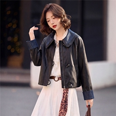 【春季女装新款】大量现货时尚牛仔相拼宽松短款皮衣外套，女装皮衣，魅衣本色