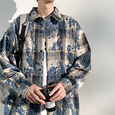 特批P45无差价秋新美式扎染格子长袖衬衫男小众时尚衬衣外套C2543，男装衬衫，电商A001-1