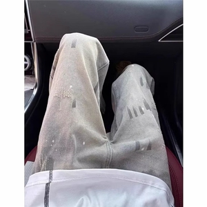 1014-1-N411-P42美式水洗泼墨牛仔裤男女慵懒显瘦宽松阔腿微喇裤图片