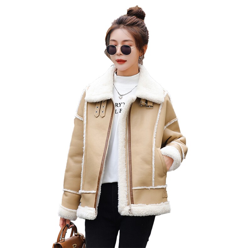 现货主推2024冬季新款山羊绒外套女加厚皮毛一体夹克宽松机车服,女装棉衣/棉服,霓裳依族