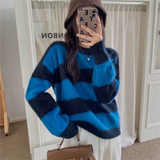 2025年秋季新款百搭拉毛斑马纹拼色圆领衫，女装羊毛衫，优麦羊绒（原洪叶羊绒）