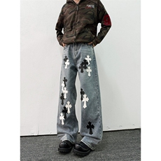 美式高街新款十字架贴布牛仔长裤宽松百搭休闲男女款N707-P60，男装休闲裤，星座308B-2