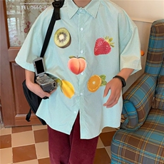 时尚男女衬衫青少年条纹翻领上衣2025年夏季新款水果印花短袖衬衣，男装T恤，星座506A