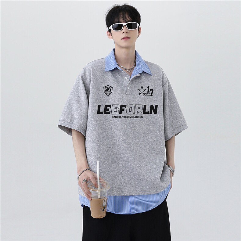 夏季清爽少年感假两件美式复古潮牌设计感POLO衫短袖T恤T146-P48,男装T恤,电商C307