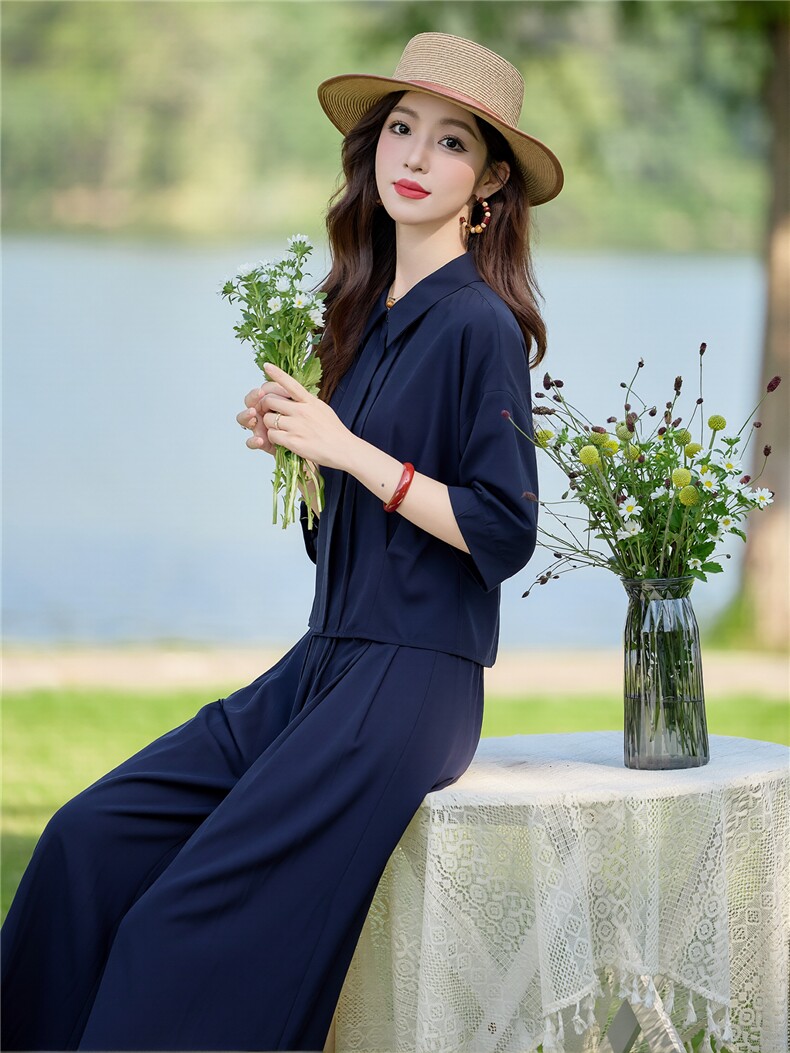 时尚套装女春夏新款收腰七分袖衬衫阔腿裤两件套,女装套装/套裙,水衣源