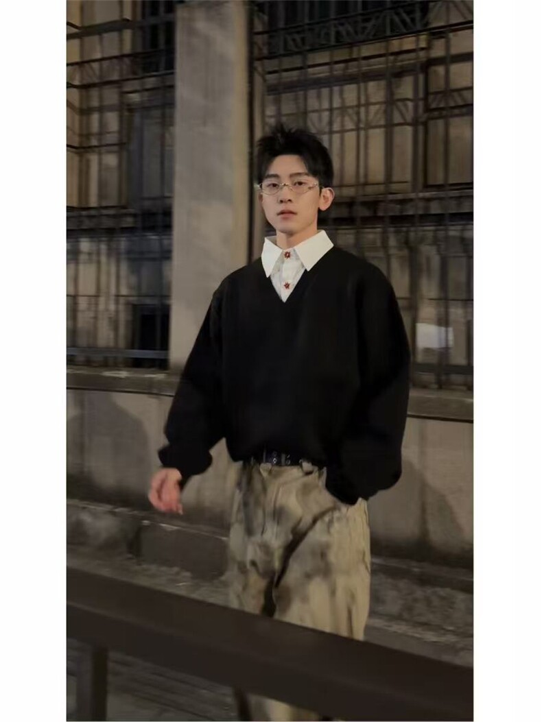 现货~高智感V领假两件polo氛围感高级老钱针织毛衣MY2576批68,男装针织衫/毛衣,星座1411A-6