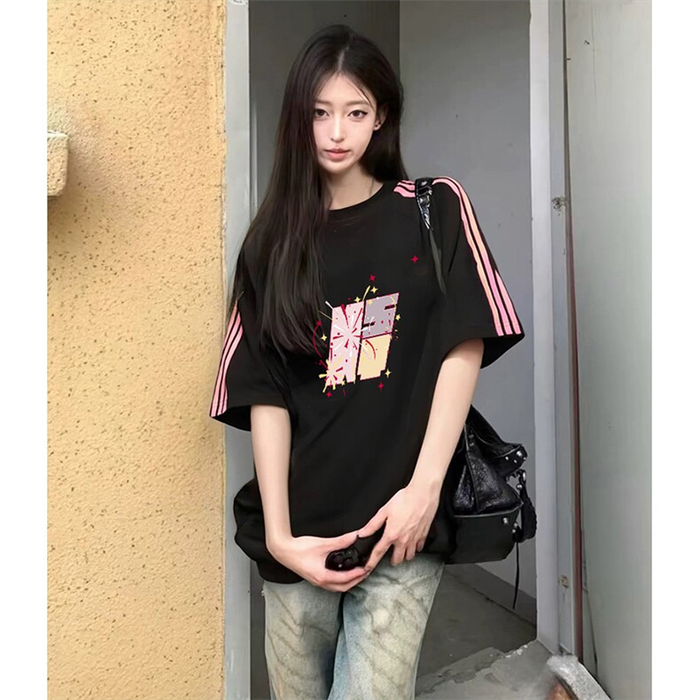 抖音得物品质二开240克宽松纯棉美式潮牌印花三条杠中性风短袖T恤,男装T恤,电商A486