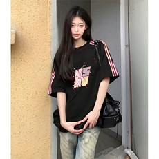 抖音得物品质二开240克宽松纯棉美式潮牌印花三条杠中性风短袖T恤，男装T恤，电商A486