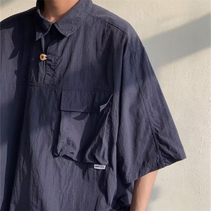 日系复古咖啡色工装短袖衬衫男学院风百搭翻领衬衣外套S8060-p40