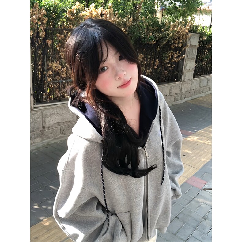 抖音得物二开美式高街重磅结构双层撞色连帽卫衣开衫外套W116,男装卫衣,电商A486