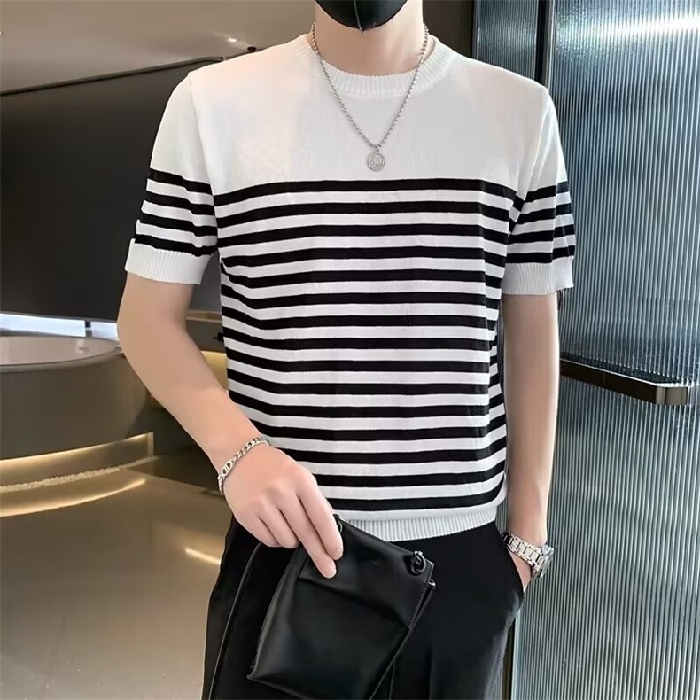 条纹针织冰丝t恤男短袖夏季薄款透气圆领半截袖体恤潮流修身帅气图片